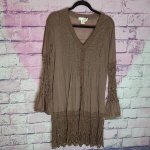 PNIINA BROWN CROCHET SHEER PLEATED LONG LINE COVER UP FESTIVAL WITCHY BOHO LARGE